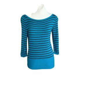 White House Black Market Teal Black Striped Keyhole Back Sweater Size Medium